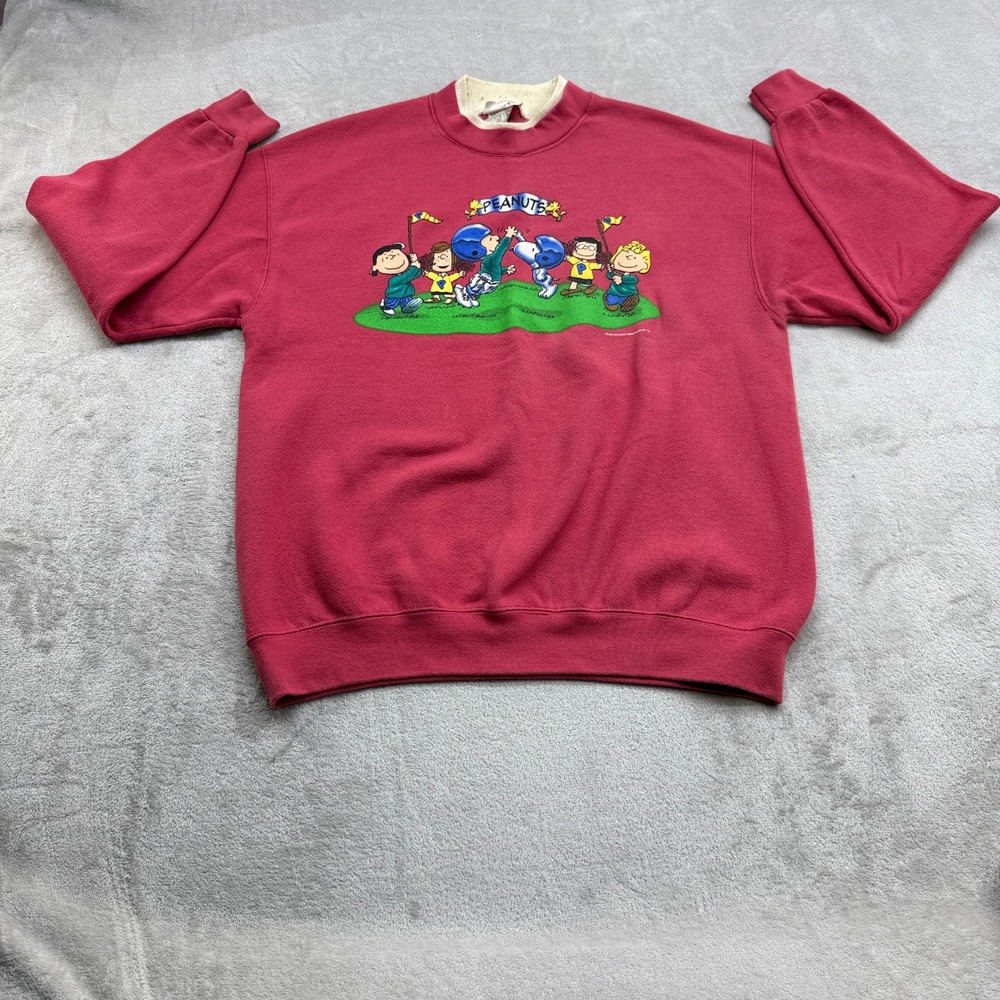 Peanuts Sweatshirt Women L Red Vintage Snoopy Football Mock Neck Logotel USA 90s